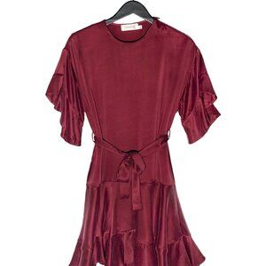 Zimmermann Burgundy Red Washed Silk Ruffle Short Sleeves Mini Dress